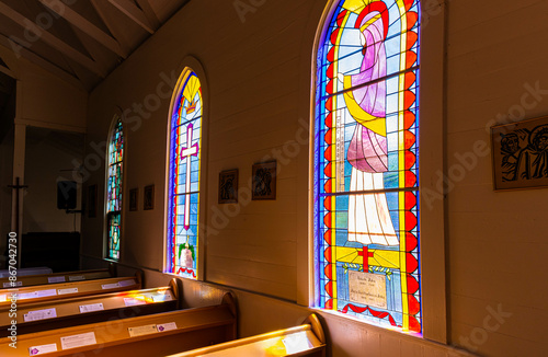 Stained Glass Windows and Interior of St. Augustine Episcopal Church, Kapaau, Hawaii Island, Hawaii, USA