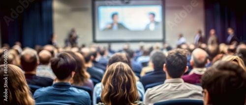 Business people or students are watching a presentation or attend a training or seminar in a lecture hall or auditorium. Conference hall full of people participating in the business training