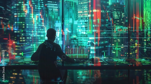 stock trader surrounded by holographic crypto charts intense concentration as markets fluctuate in neon green and red