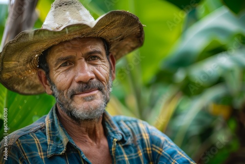 Portrait of a latin farmer wearing a straw hat, smiling in a banana plantation