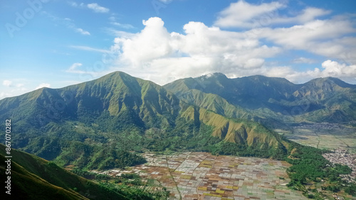 beautiful landscape view green hill at pergasingan hill, lombok island-indonesia. the landscape is for hiking and outdoor lifestyle concept. beautiful natural scenery