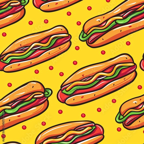 A seamless pattern featuring hot dogs with mustard, ketchup, and relish on a yellow background with red dots.