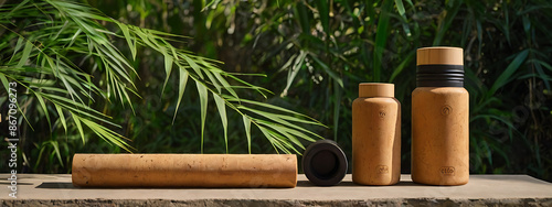 Sustainable fitness gear like cork yoga blocks, natural rubber mats, and bamboo water bottles arranged on a textured rock podium with a lush green background and delicate leaf shadows