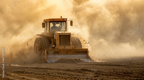 A bulldozer leveling the ground at a construction site, with clouds of dust and dirt in the air. 