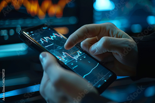 Smart businessman typing financial data on a mobile phone with a futuristic stock chart graphic, investment and trading