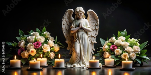 Angel statue surrounded by votive candles and flowers on black background, angel, votive candle, flowers, black background