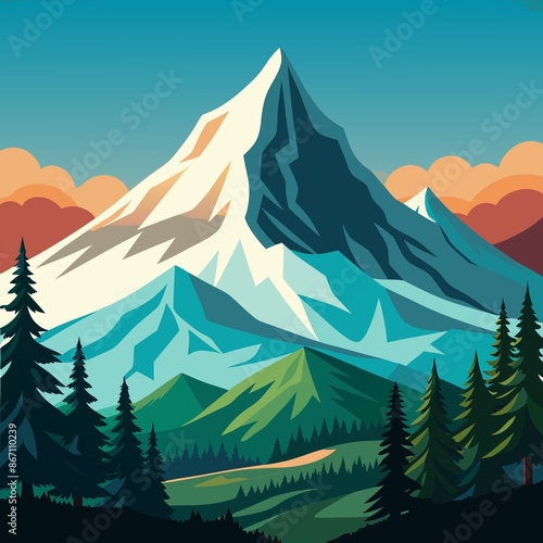 Snow-capped mountain peak rising above treeline., peak, capped, mountain, snow