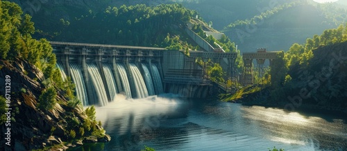 Beautiful view of a hydroelectric dam in a mountainous region under a bright blue sky and flowing river. AIG62