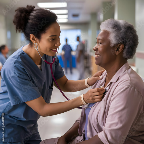 Female doctor using stethoscope while examining black senior patient in hospital ward