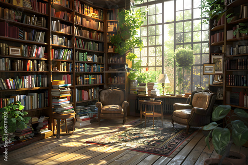 Cozy Bookstore with Plush Armchairs and Natural Light, featuring a Reading Nook with Coffee and Open Book Amidst Organized Shelves