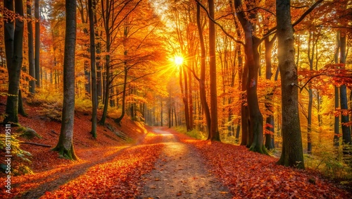 Vibrant orange hues illuminate serene forest path, lined with rustling fallen leaves, under warm golden sunset, against tranquil autumn backdrop.