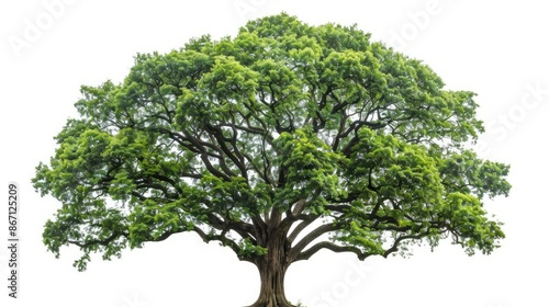 Majestic large tree with rich green leaves, isolated against a white backdrop