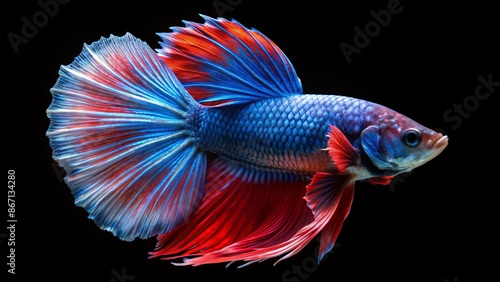 Vibrant blue and red betta fish swims dynamically, its flowing fins and tail swerving elegantly on a sleek black background.