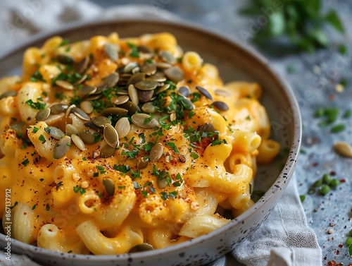 Vegan mac and cheese with butternut squash sauce, topped with roasted pumpkin seeds, served on a modern, minimalist plate