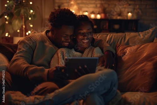 An intimate evening shot of a young couple sitting close together on a comfortable loveseat, streaming a romantic comedy on a tablet. The soft glow of the screen illuminates their faces as they share