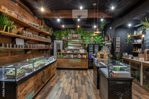 Cannabis products displayed in modern dispensary with rustic interior design