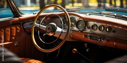 Vintage Car Interior with a Wooden Steering Wheel