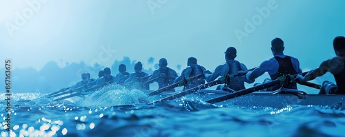 Rowing team in motion at dusk, splashing water, teamwork concept