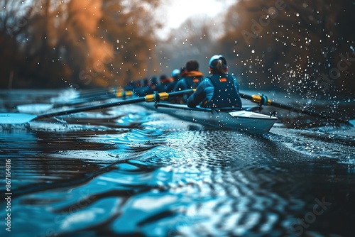 Rowing team in sync on misty water, dynamic splash details.