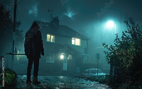 Mysterious Figure in Dark Rainy Street at Night with Dimly Lit House Background