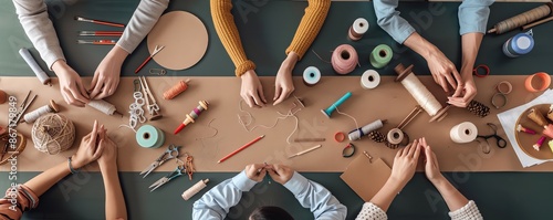 A group of friends engaged in a DIY craft session, craft supplies, collaborative handmade crafts