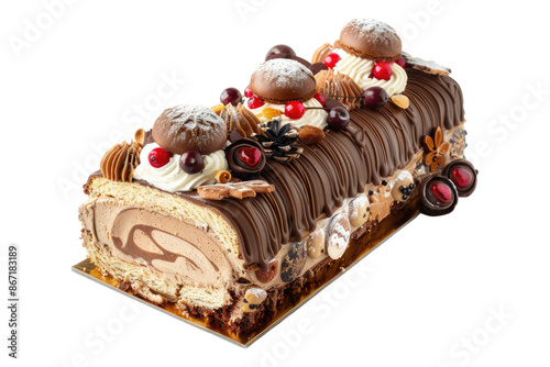 Traditional buche de noe yule cake isolated on transparent background