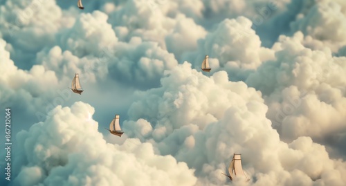 Historic wooden sailing ships magically sailing among the clouds in a fantasy background image