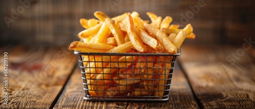 Crispy french fries in a wire basket on a wooden table