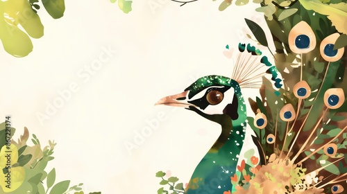 Artistic watercolor painting of a vibrant peacock with colorful feathers and lush greenery on a light background.