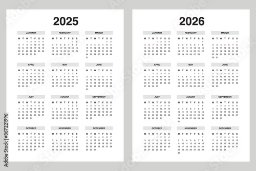 2025 2026 Portrait Yearly calendar, monday start