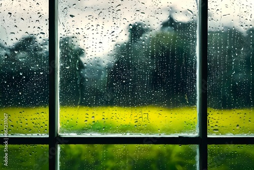 A window glass frame with raindrops on it representing the season of monsoon