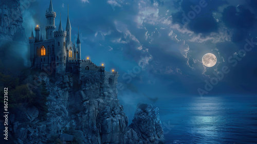 Moonlit castle on a cliffside