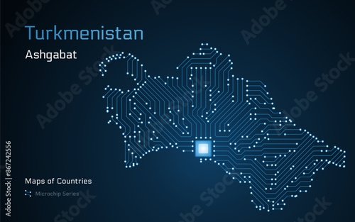 Turkmenistan Map with a capital of Ashgabat Shown in a Microchip Pattern. E-government. World Countries vector maps. Microchip Series 