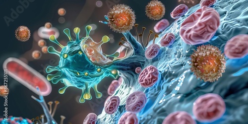 Cytokine storm targeting cancer cells, scientific depiction, intense response