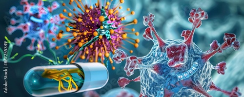 Immune checkpoint inhibitors in action, medical illustration, therapy mechanism