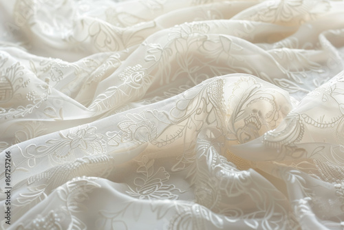 Close-up of delicate white lace fabric with intricate floral patterns, ideal for bridal dresses, weddings, and elegant fashion designs.