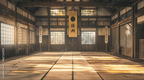 Martial arts arena with traditional dojo setting and tatami mats