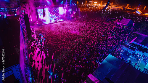 Overhead shot of huge concert crowd with vibrant stage lights