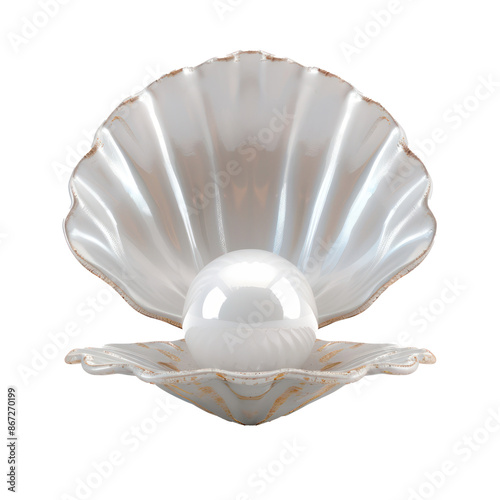 The white shell open with a white pearl in the middle, 3d, blender front view full length on transparency background PNG 