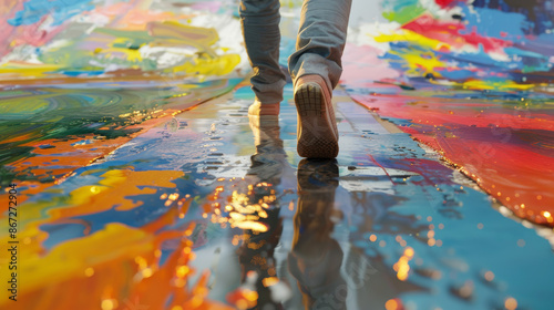 Painter?s Palette Walkway A painter walking along a D path that transforms into a D painted canvas under their feet blending real steps with painted ones Each step changes the