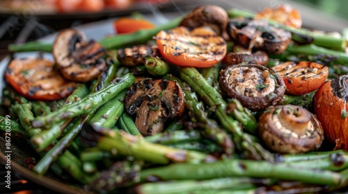 A medley of crunchy and juicy green beans asparagus spears and mushroom caps infused with the rich and buttery taste of avocado oil from the grill.