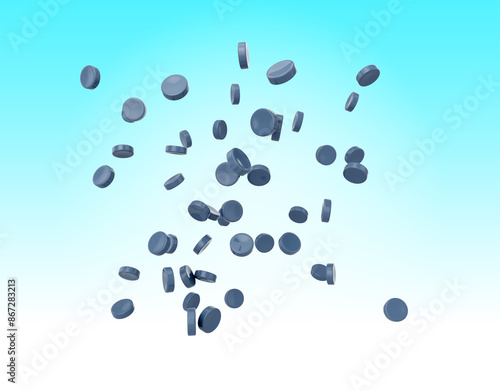 Grey Plastic Pellets Or PVC Polymer Beads Flying In The Air On Soft Blue Background 3d Illustration