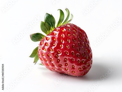 Single Red Strawberry with Green Leaves - Realistic Photo