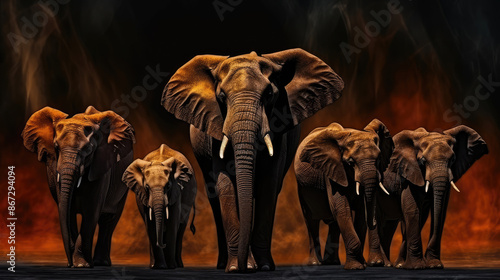 A group of African elephants on a dark background. digital art, generative ai