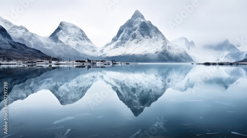 Lake panorama in a foggy morning with glaciers mountains and reflection, generative ai