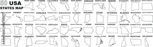 USA states map outline, 50 state map of the United States of America, including New York, California, Texas, Florida, Ohio, illustrated map for educational, geographic, travel purposes