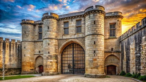 Ancient medieval fortress Vincennes Dungeon's imposing stone walls, Gothic arches, and rusted iron gates evoke a eerie atmospheric sense of history.
