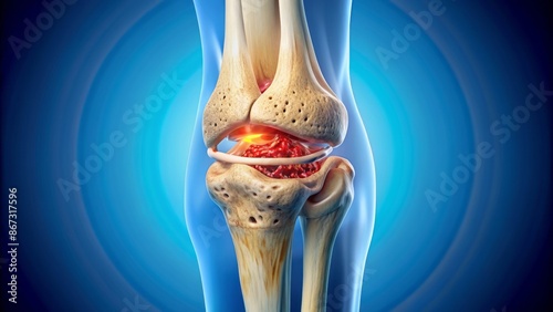 Detailed illustration of a medial knee joint section showcasing arthritic damage to meniscus and surrounding bones, tendons, and ligaments.