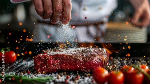 A chef seasoning a thick sirloin steak with salt and pepper before grilling it to mouthwatering perfection.