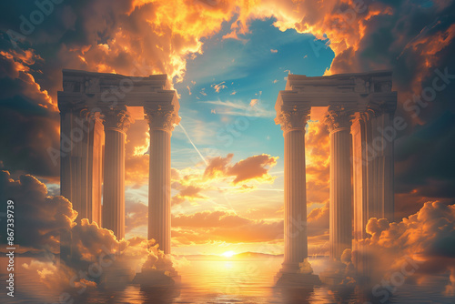 A breathtaking celestial scene with ancient columns at sunset